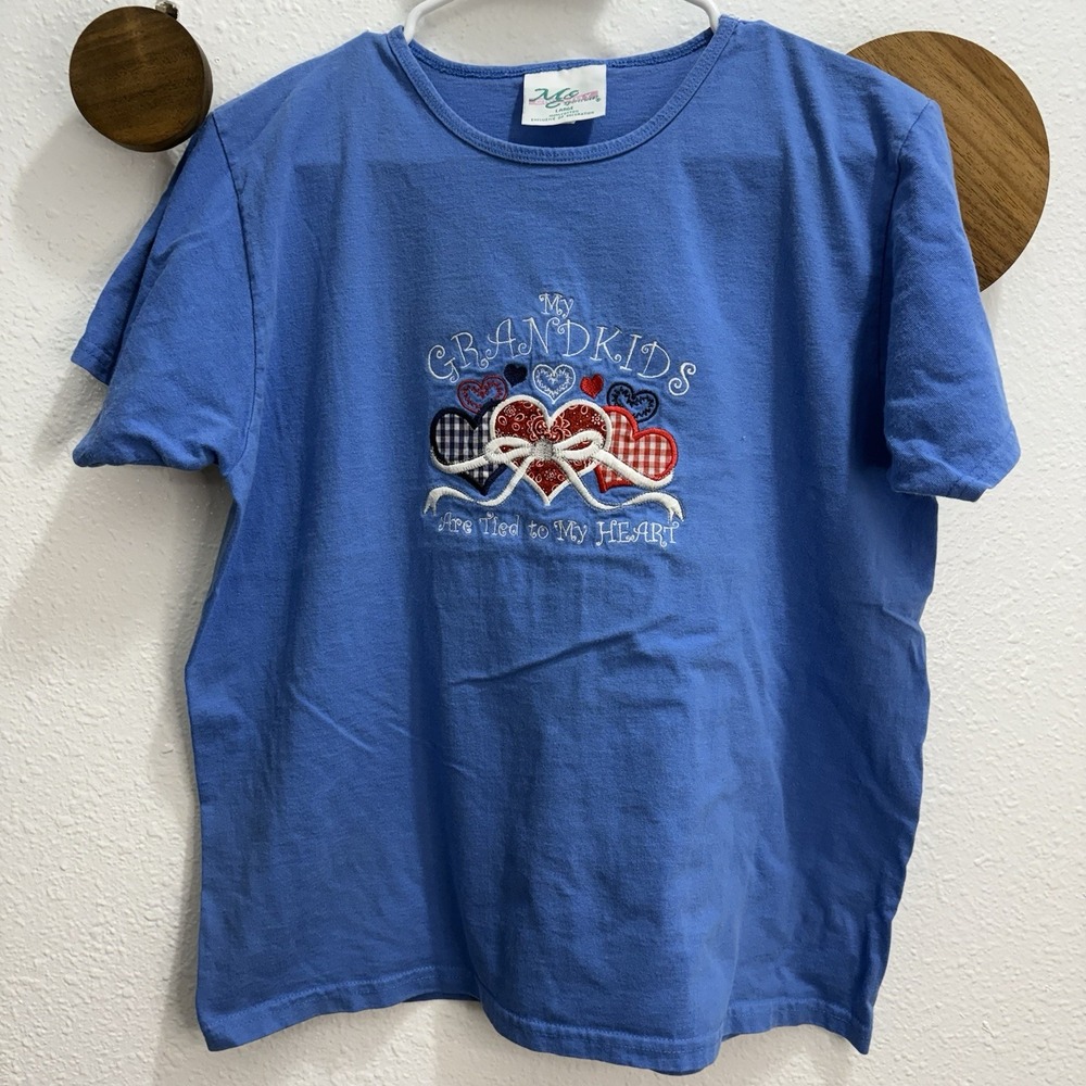 Vintage 90s Cottagecore Grandma Blue Shirt USA Hearts Grandkids Grannycore